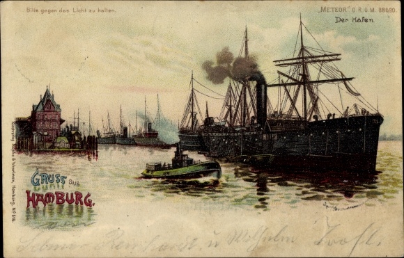 Halt gegen das Licht Litho Hamburg, Hafenpartie, Segelschiff, Meteor D. R. G. M. 88590