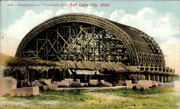 Ak Salt Lake City Utah USA, constructie van het tabernakeldak, indrukwekkend gebouw