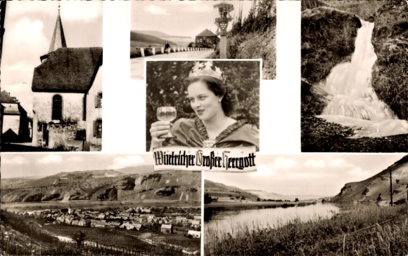 Ak Wintrich an der Mosel, Weinkönigin, Kirche, Wasserfall, Panorama