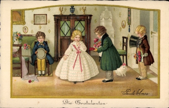 Kunstenaar Ak Ebner, Pauli, Visites de Felicitations, Mannen met bloemen, Vrouw