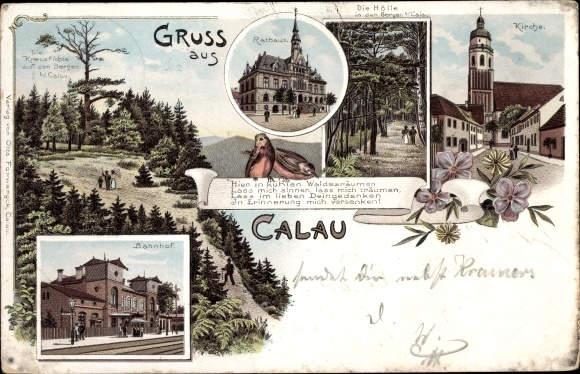 litho Calau in Neder-Lausitz, hel, kerk, gemeentehuis, treinstation, spoorzijde