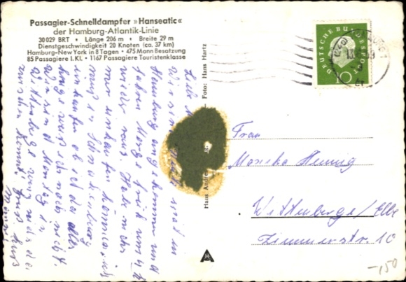 Postcard passenger express steamer Hanseatic of the Hamburg Atlantic Line