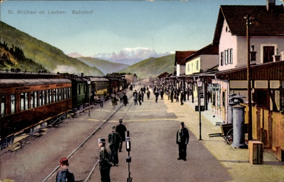 Postcard Sankt Michael ob Leoben Styria, station track side, railway
