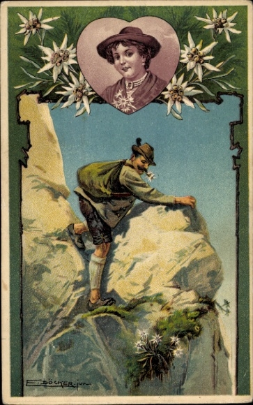 Kunstenaar litho Döcker, E., Bergbeklimmer, Edelweiss, Vrouwenportret