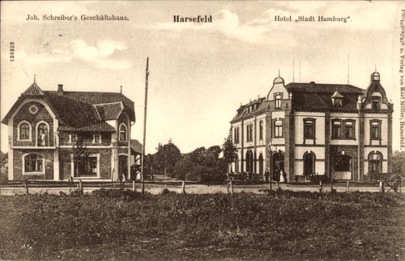 Postcard Harsefeld in Lower Saxony, Hotel Stadt Hamburg, Schreiber shop