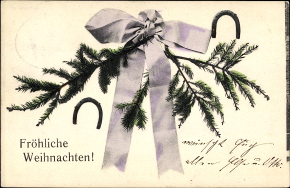 Ak Gefeliciteerd Kerstmis, dennentakken, hoefijzer, striklint
