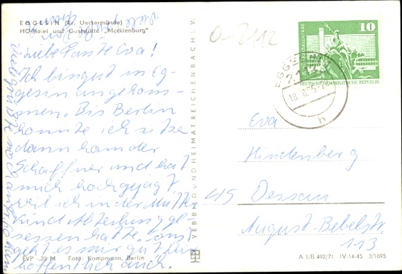 Postcard Eggesin in Mecklenburg Vorpommern, HO-Hotel and Restaurant "Mecklenburg"