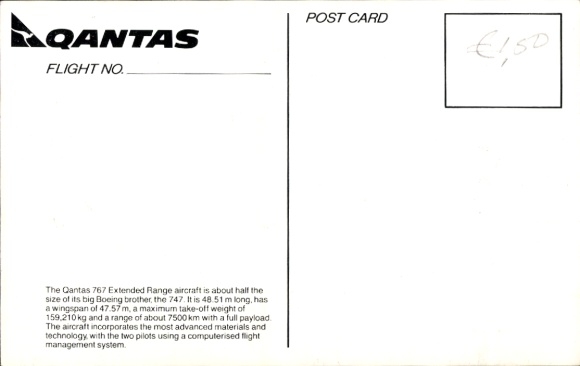 Postcard Australian passenger aircraft, Qantas, Boeing 767
