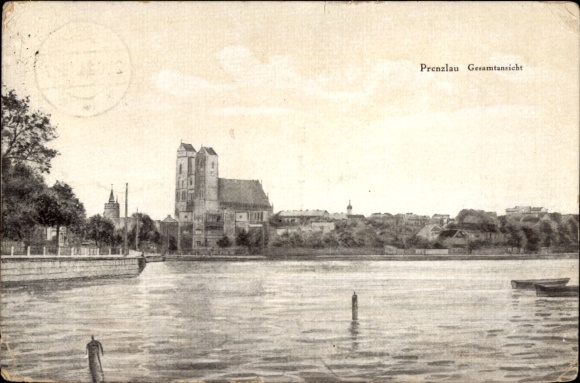 Postcard Prenzlau in the Uckermark, general view of church, river, landscape