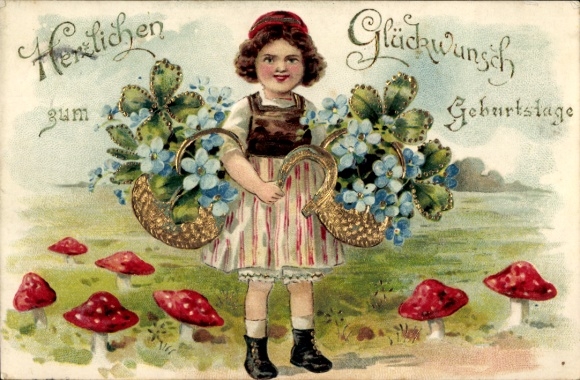 Embossed Postcard Congratulations Birthday, Girl, Clover, Toadstools