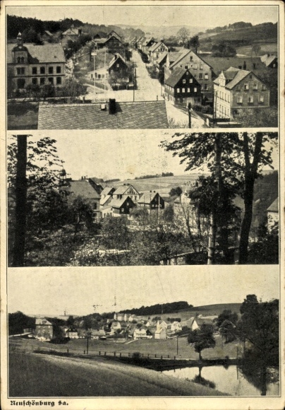Ak Neuschönburg Ortmannsdorf Mülsen in Saksen, Verschillende foto's van landelijke architectuur, rivier
