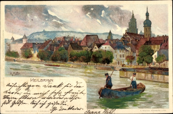 Artist Chromo-Litho mother, K., Heilbronn am Neckar, view of the place, rowing boat