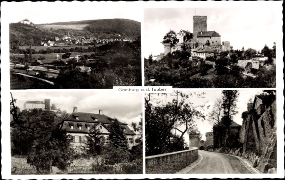 Postcard Gamburg Werbach an der Tauber, old castle, total view, access to the castle, view of the mountain