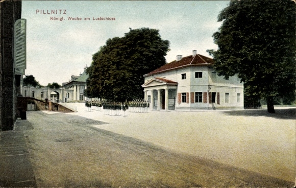 Postcard Dresden Pillnitz, Royal Guard, pleasure palace, trees, architecture