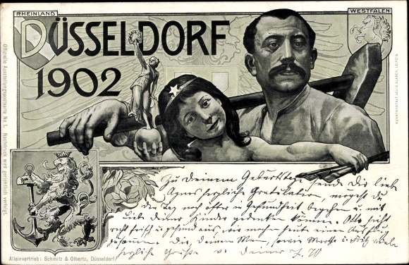 Coat of arms litho Düsseldorf am Rhein, industrial and commercial exhibition 1902, worker and child