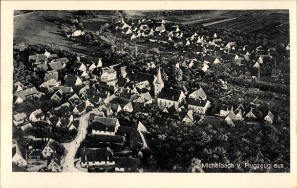Postcard Michelbach Marburg an der Lahn, aerial view of residential buildings, church, landscape