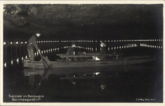 Postcard Schönau am Königssee near Berchtesgaden Upper Bavaria, salt lake in the mine, boat on the water, d
