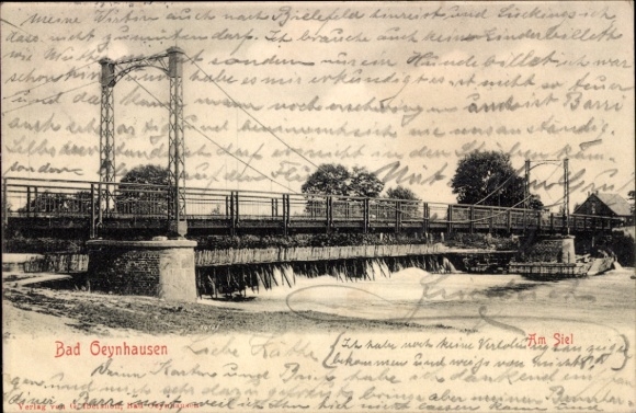 Ak Bad Oeynhausen in Westfalen, Brücke über Wasserlauf, Fluss,  mit Handbeschriftung