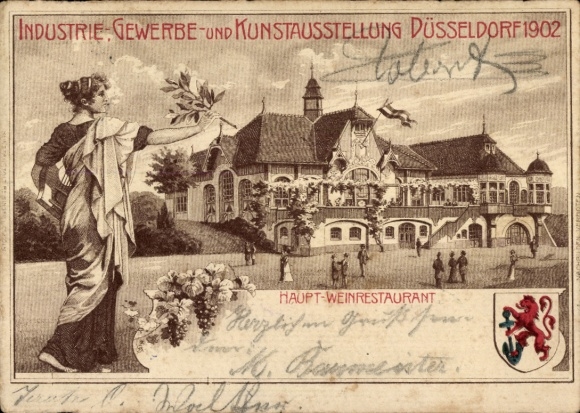 Coat of arms Chromo-Litho Düsseldorf on the Rhine, Industrial and Trade Exhibition 1902, Main Wine Restaurant
