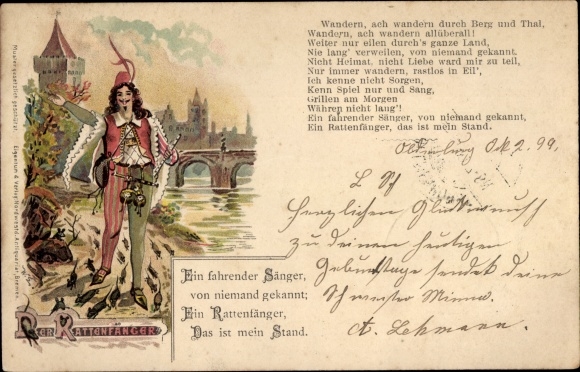 litho Hameln in Nedersaksen, rattenvanger, een reizende zanger...