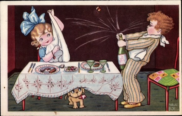 Artist PC Boriss, Margret, koppel aan de eettafel, hond, champagne