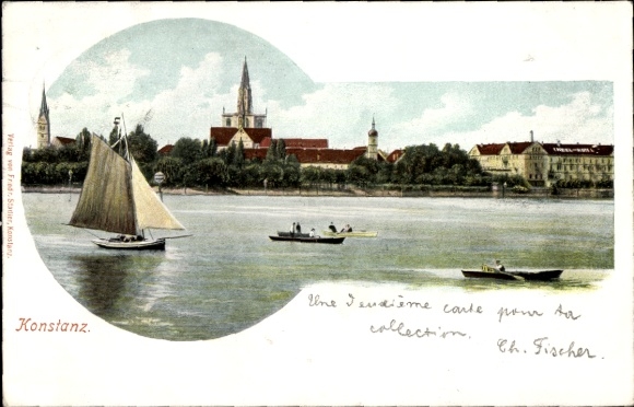 Ak Konstanz am Bodensee, Segelboot, Kirche, Inselhotel