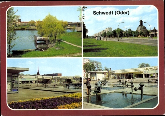 Postcard Schwedt an der Oder, partial view, Boulevard, French Church, Liberation Square