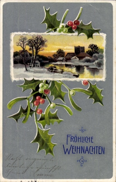 Geëmbosseerd Ak Gefeliciteerd Kerstmis, hulst, maretak