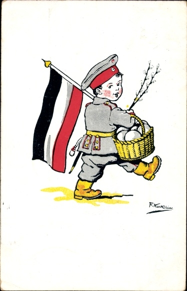 Artist PC Kaskeline, F., child in uniform, flag, basket of eggs