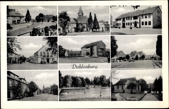 Ak Dahlenburg in Nedersaksen, museum, buitenzwembad, straatgedeelte, kerk