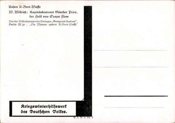 Artist Postcard Willrich, Wolfgang, Lieutenant Commander Günther Prien, Knight's Cross holder, VDA 1 5 2