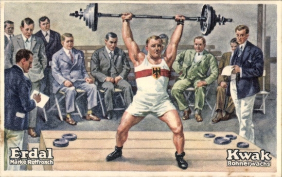 Collector's picture Erdal-Kwak series picture, Rotfrosch brand, floor wax, weight lifting, heavyweight
