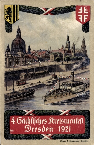 Herb artysty KP Rowland, F., Drezno, 4. Saksoński Festiwal Gimnastyczny 1921, parowiec Saksonia