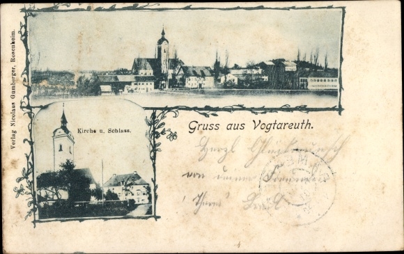 KP Vogtareuth w Górnej Bawarii, widok na miasto, kościół, zamek