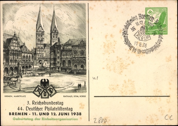 Postal stationery PC Hanseatic city of Bremen, 3rd Reichsbundestag, 44th German Philatelic Day, 11-12. June 1938