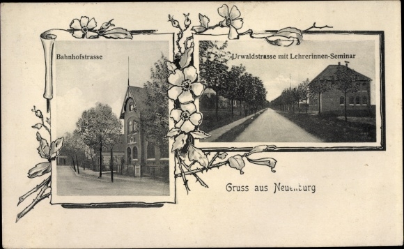 Postcard Neuenburg Zetel in Friesland, Urwaldstrasse, teacher training college, Bahnhofstrasse