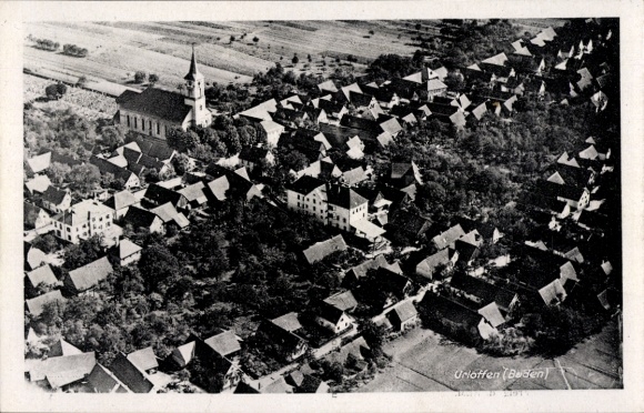 Postcard Urloffen Appenweier in Baden Black Forest, aerial view of Urloffen, church, residential buildings, rural