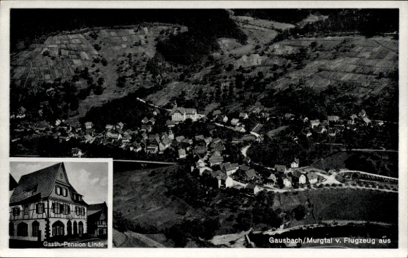 Ak Gausbach Forbach im Schwarzwald Baden, Luftaufnahme von  Gasthaus-Pension Linde