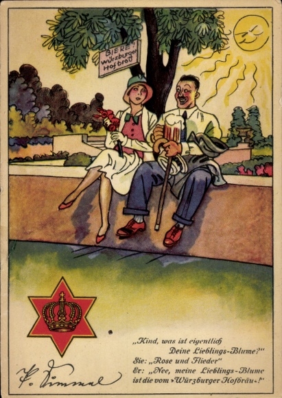 Artist Postcard Würzburg, brewery advertisement, star with crown, sun