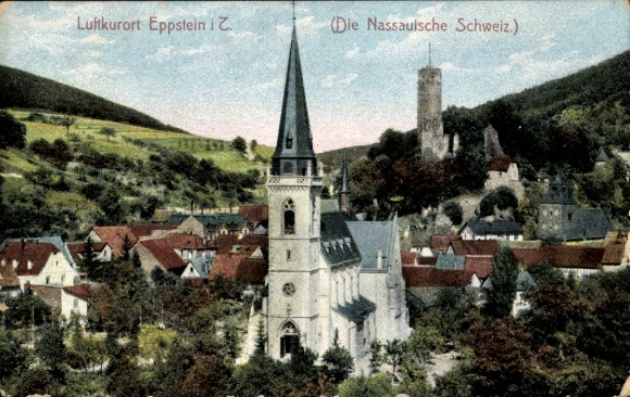 Postcard Eppstein im Taunus, partial view, church