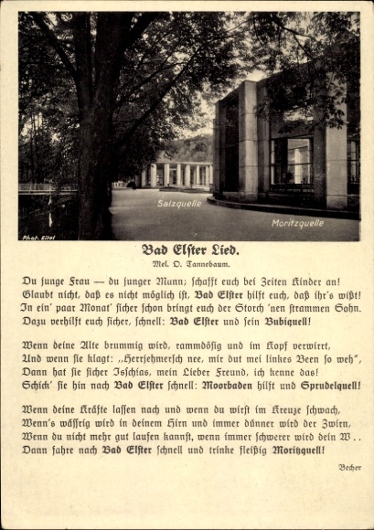 Postcard Bad Elster in Vogtland, from Salz- und Moritzquelle, lyrics