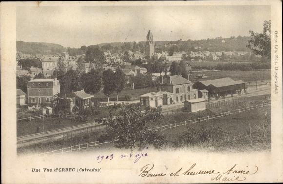Postcard Orbec Calvados, Une Vue, town view, train station