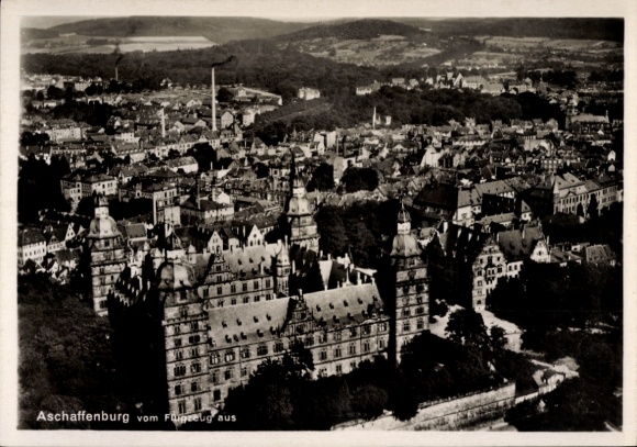 Postcard Aschaffenburg in Lower Franconia, aerial view of buildings, green hills
