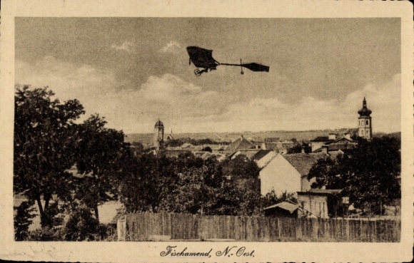 Postcard Fischamend Lower Austria, Panorama, Airplane Etrich-Taube, Kuk Air Force