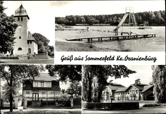 Ak Sommerfeld Kremmen in Brandenburg, Kirche, Strandbad, Kindergarten, Hellmuth Ulrici Klinik