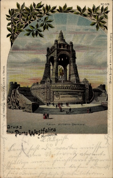 litho Porta Westfalica aan de Wezer, Kaiser Wilhelm Memorial