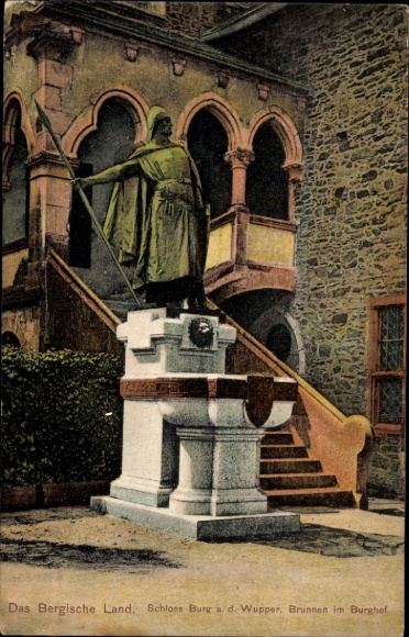 Postcard Unterburg Castle on the Wupper Solingen, statue, castle, fountain in the castle courtyard, palace