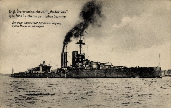 Postcard British warship, HMS Audacious, Royal Navy, superdreadnought ship