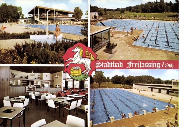 Postcard Freilassing in Upper Bavaria, terrace cafe Walter Höpfler, coat of arms, outdoor pool