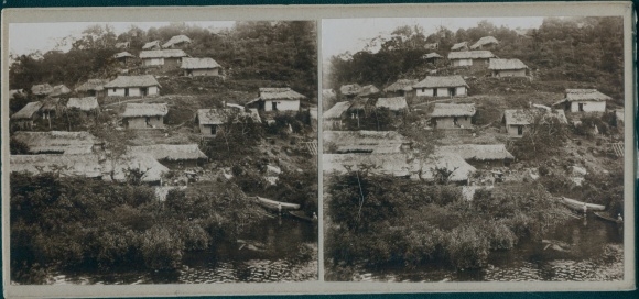 Stereo photo French Guiana, straw huts, village party, world trip 1914